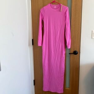 SKIMS Fits Everybody Crew Neck Long Sleeve Dress - Hot Pink - Size L